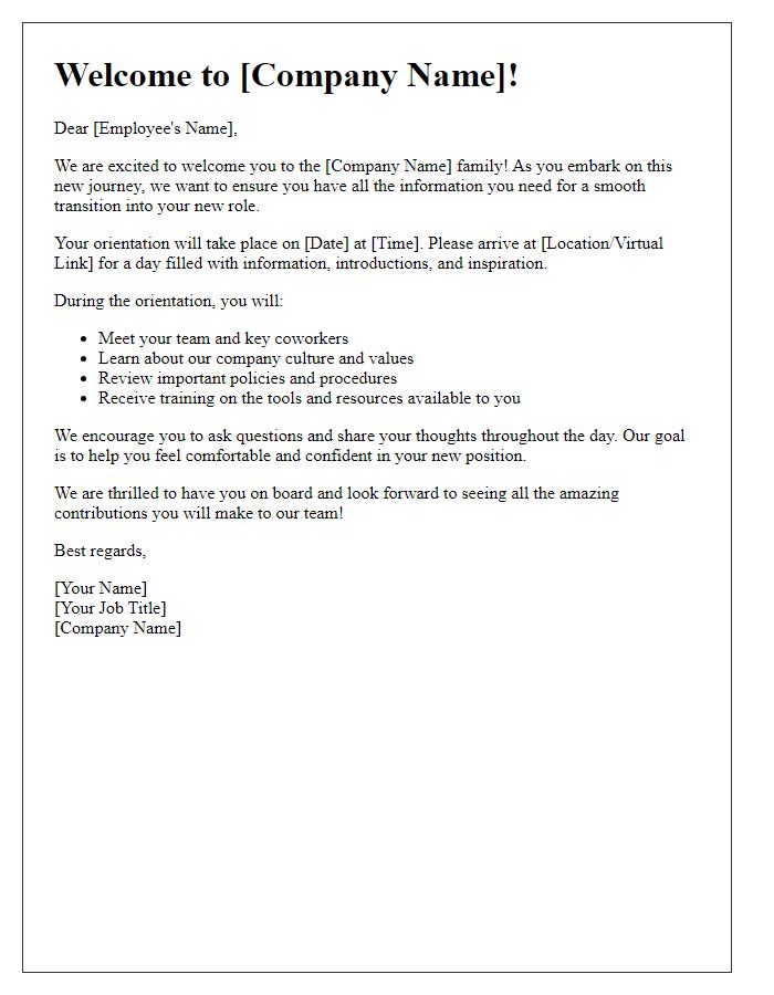 Letter template of welcome for new employee orientation