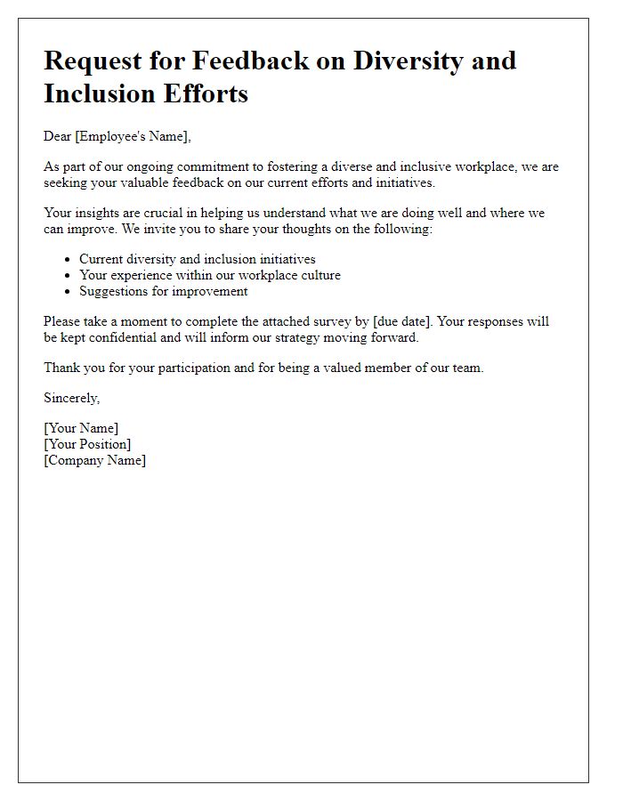 Letter template of employee feedback request for diversity and inclusion efforts.