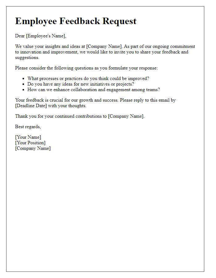 Letter template of employee feedback request for innovation and improvement ideas.