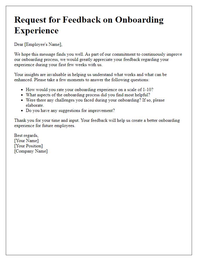 Letter template of employee feedback request for onboarding experience review.