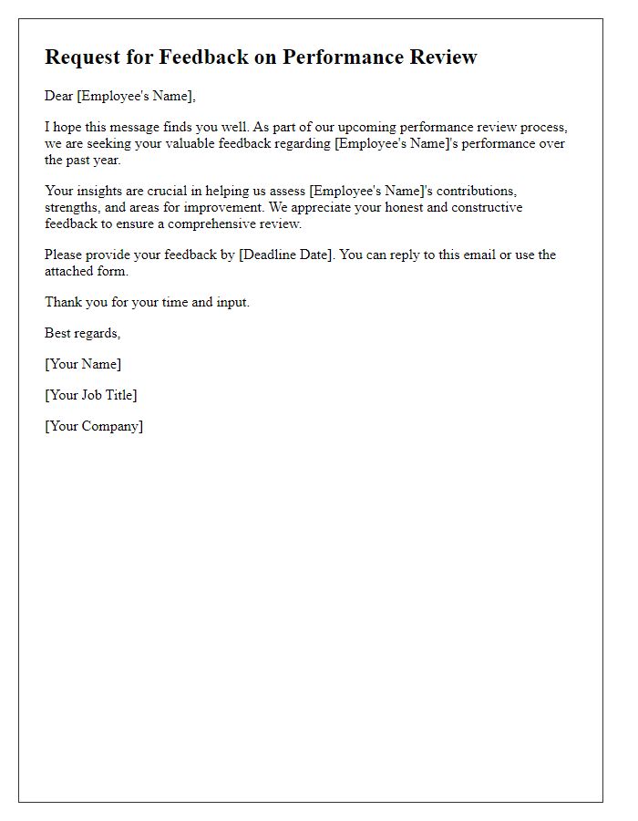 Letter template of employee feedback request for performance review.