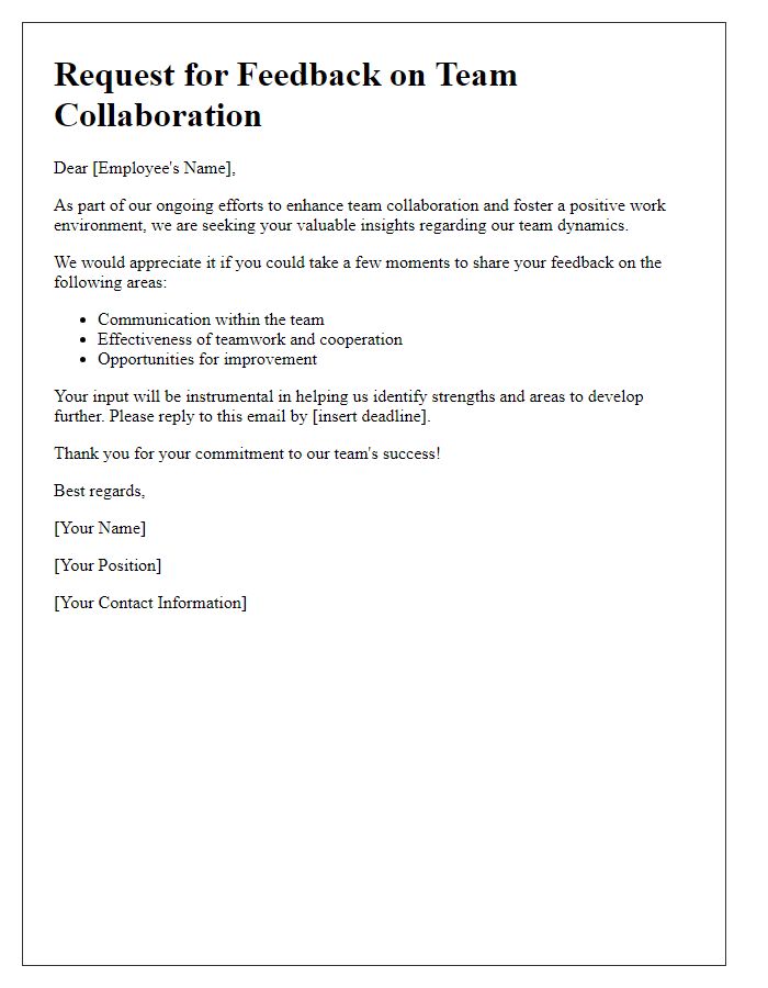 Letter template of employee feedback request for team collaboration insights.