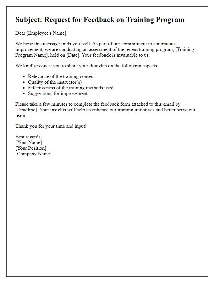 Letter template of employee feedback request for training program assessment.