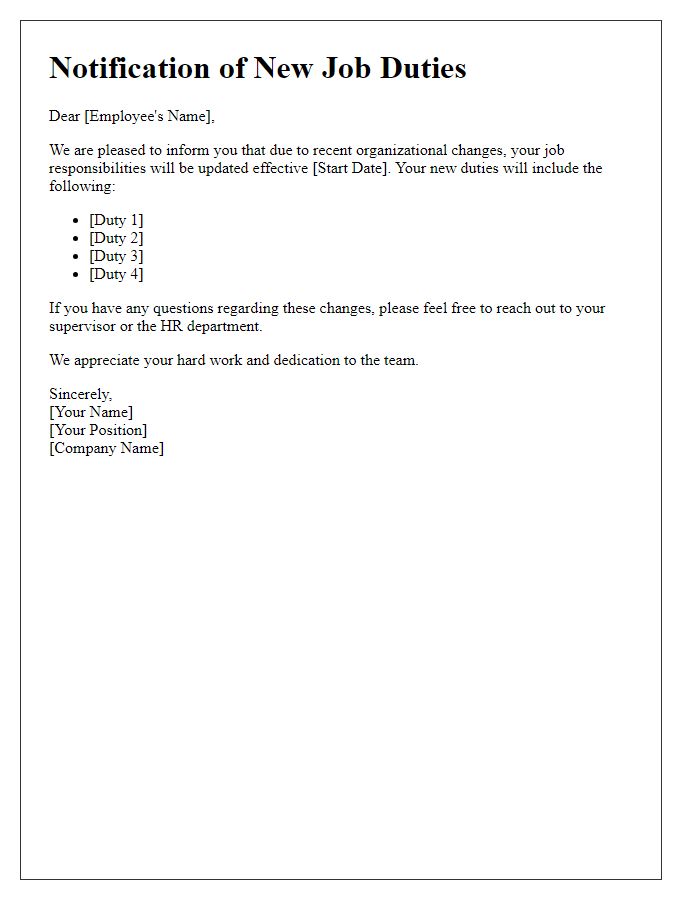 Letter template of new job duties notification