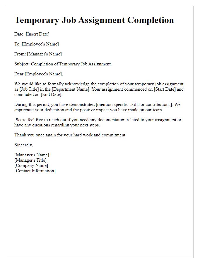 Letter template of temporary job assignment completion.