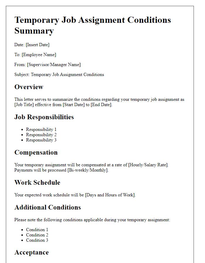 Letter template of temporary job assignment conditions summary.