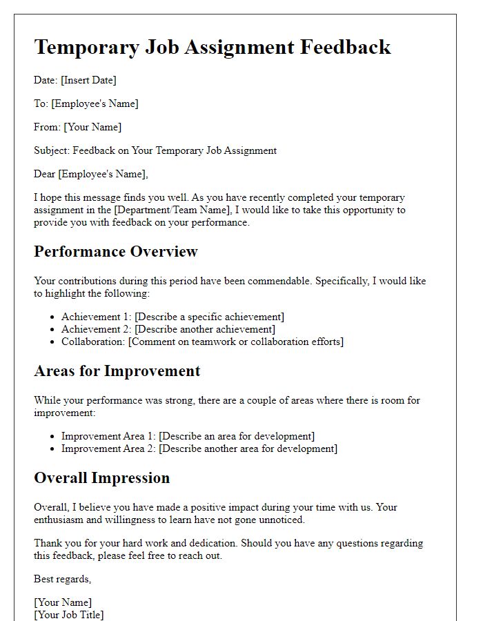 Letter template of temporary job assignment feedback.