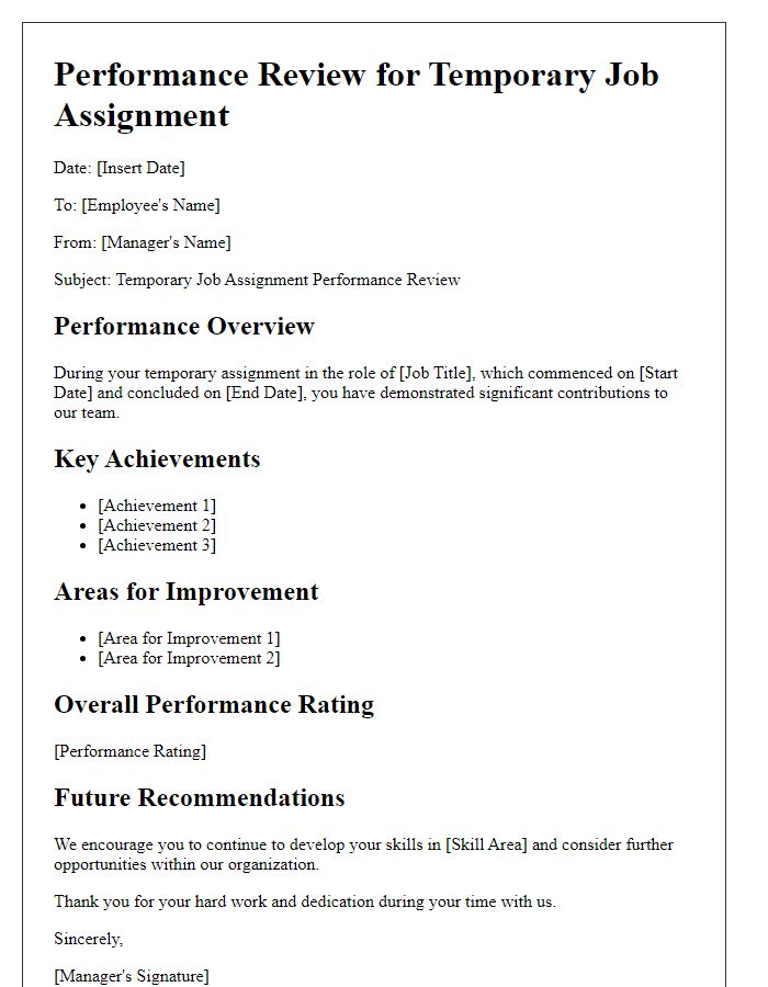 Letter template of temporary job assignment performance review.