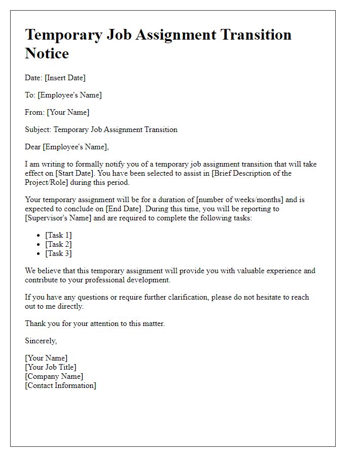 Letter template of temporary job assignment transition notice.