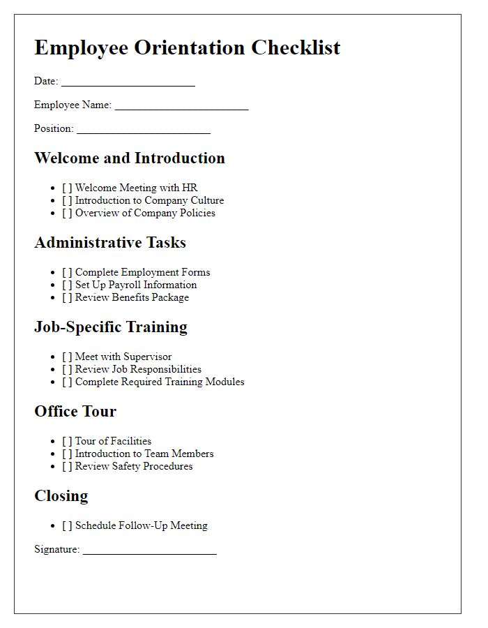 Letter template of employee orientation checklist