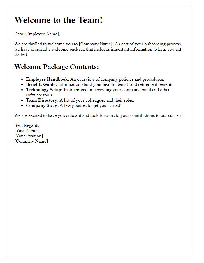 Letter template of employee welcome package details