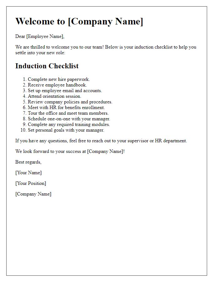 Letter template of induction checklist for new employees