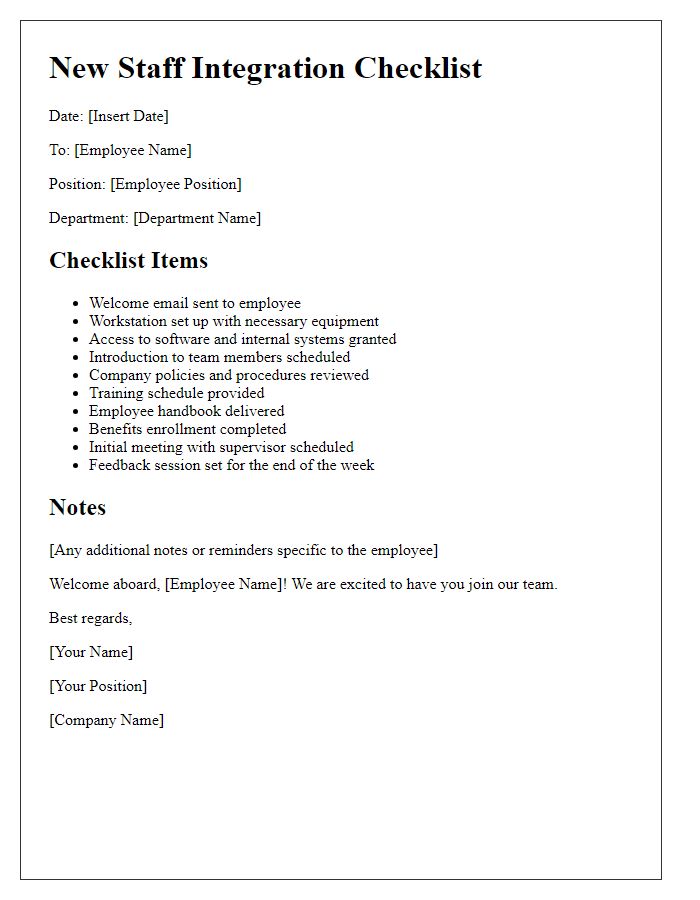 Letter template of new staff integration checklist