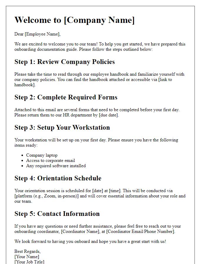 Letter template of onboarding documentation guide