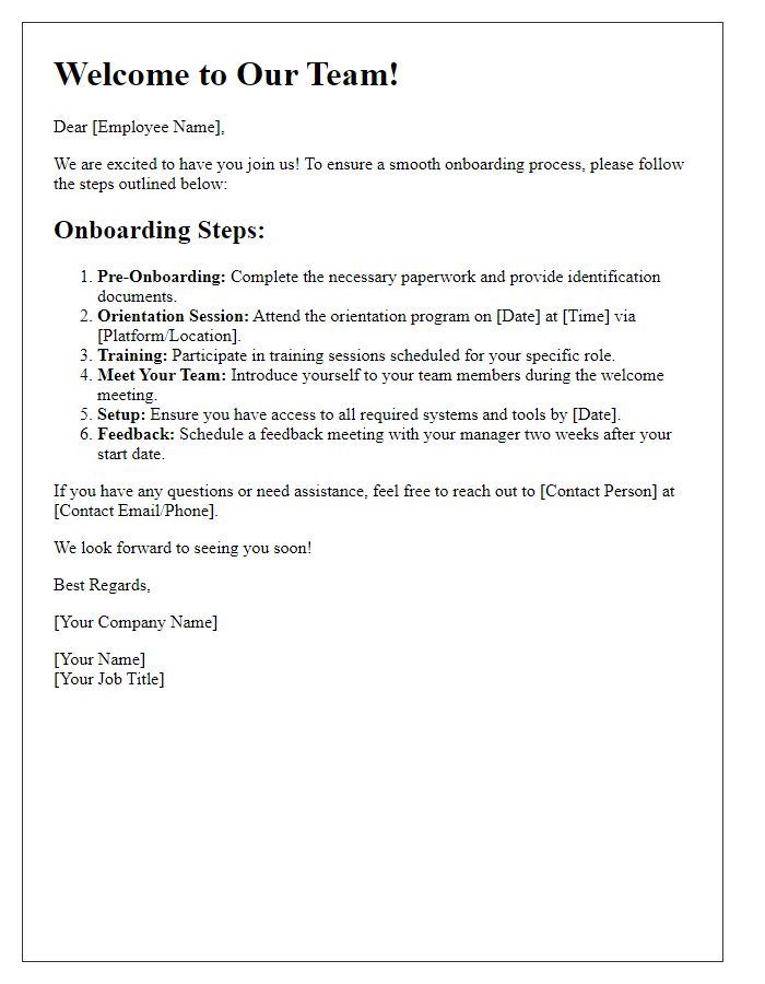 Letter template of onboarding process steps