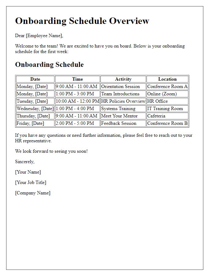 Letter template of onboarding schedule overview