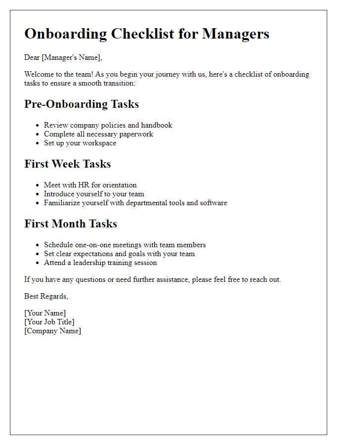 Letter template of onboarding tasks for managers