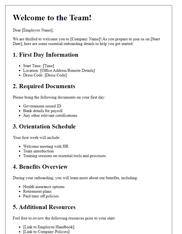 Letter template of team member onboarding essentials
