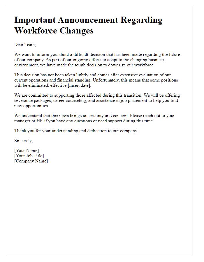 Letter template of workforce downsizing announcement