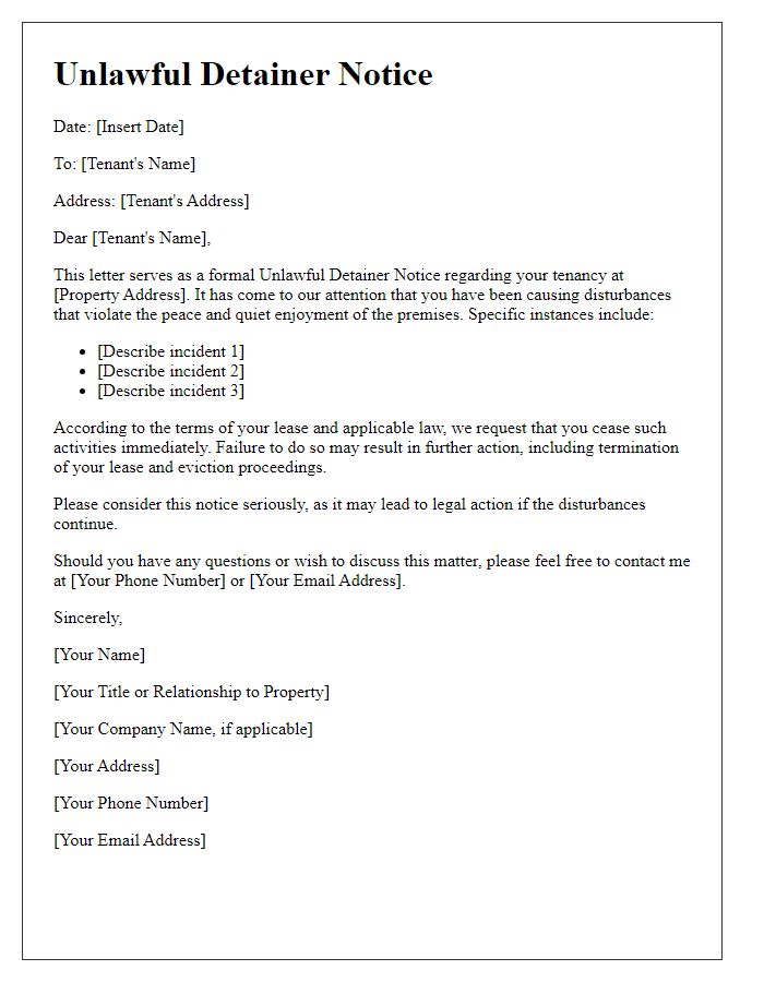 Letter template of Unlawful Detainer Notice for Disturbing the Peace