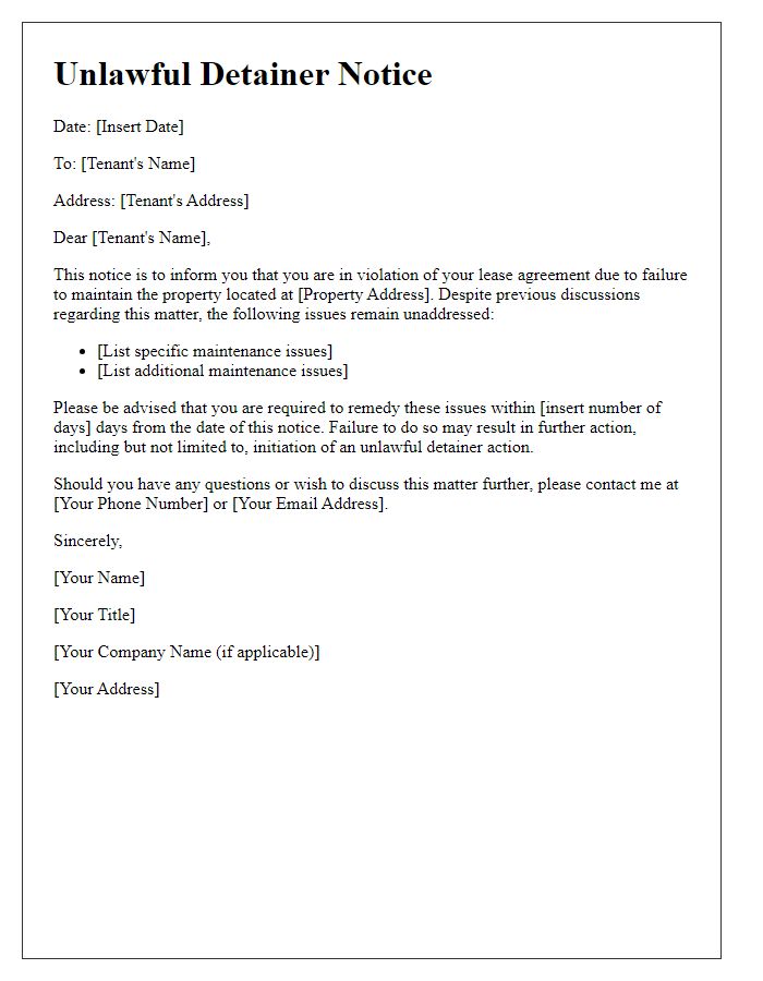 Letter template of Unlawful Detainer Notice for Failure to Maintain Property