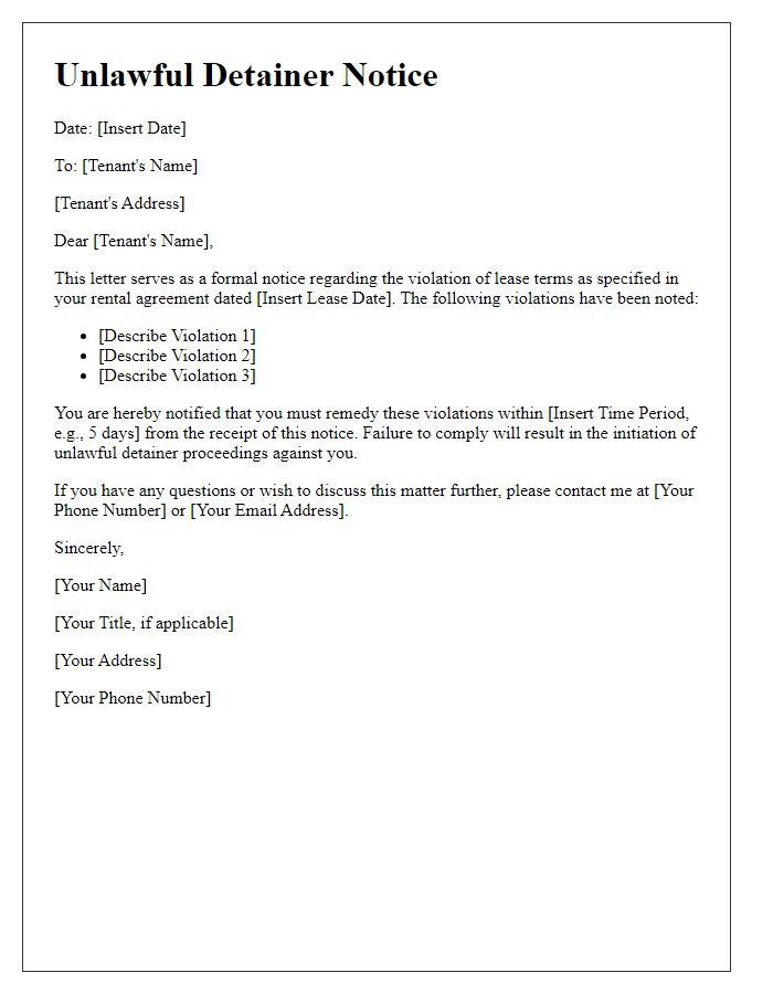 Letter template of Unlawful Detainer Notice for Lease Violations