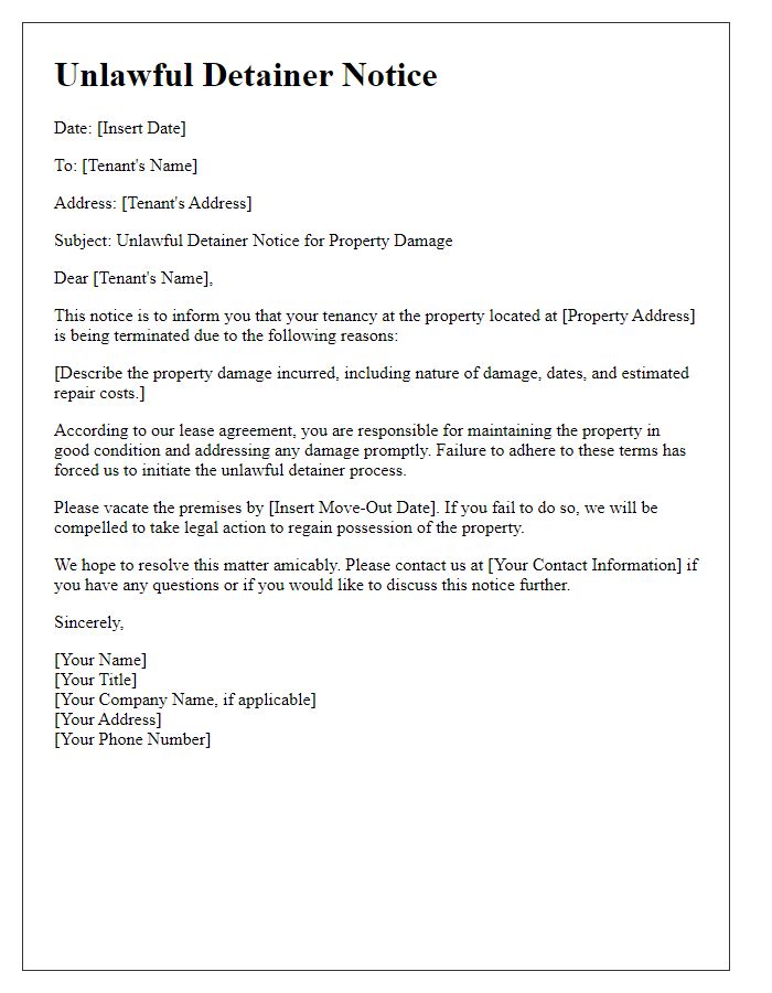 Letter template of Unlawful Detainer Notice for Property Damage