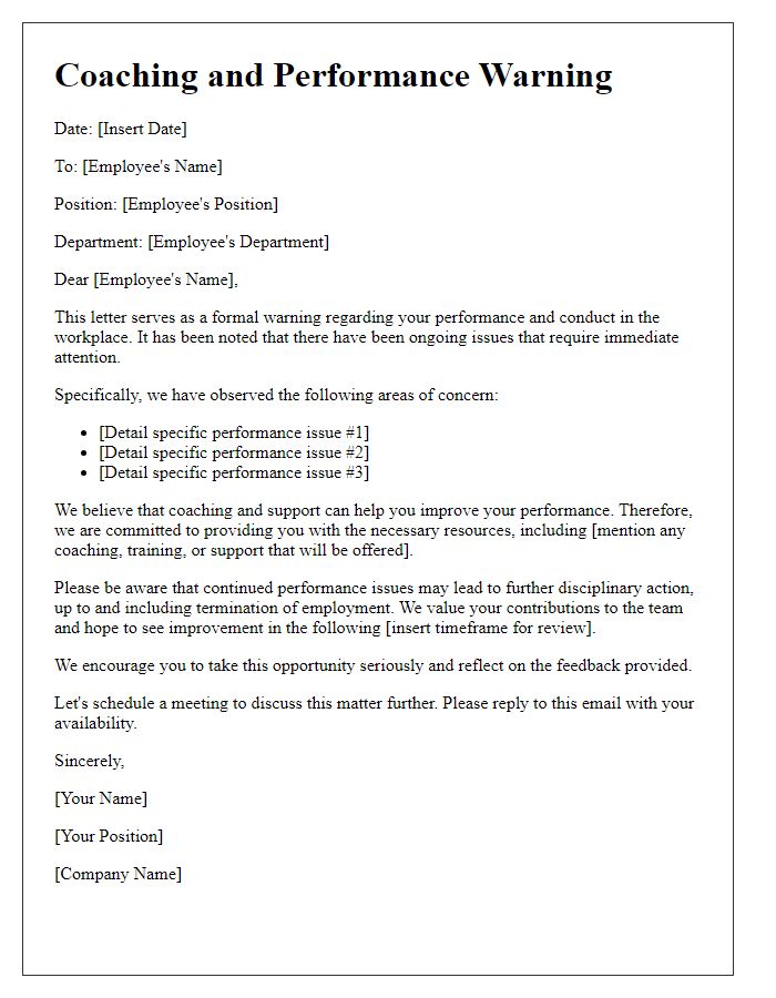 Letter template of coaching and performance warning for staff.