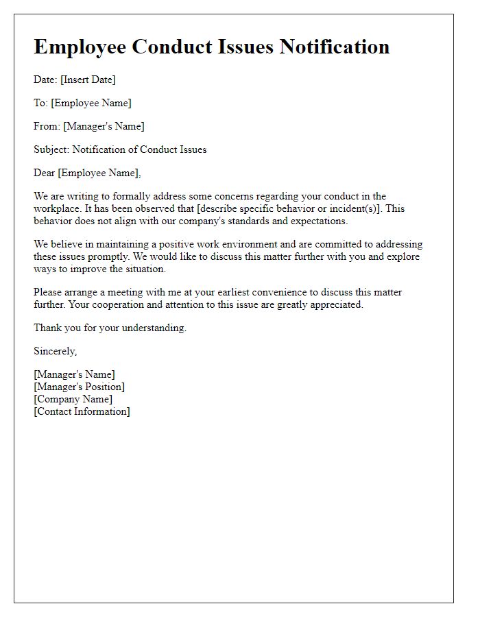 Letter template of employee conduct issues notification.