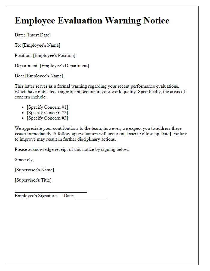 Letter template of employee evaluation warning notice.