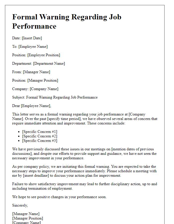 Letter template of formal warning regarding job performance.