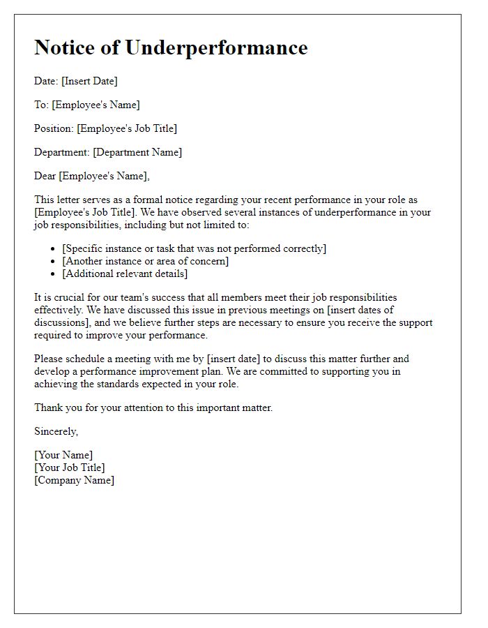 Letter template of notice for underperformance in job responsibilities.