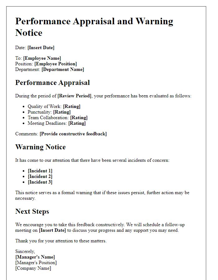 Letter template of performance appraisal and warning notice.