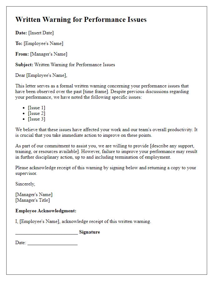 Letter template of written warning for employee performance issues.