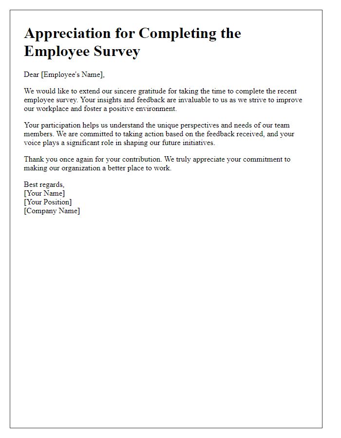 Letter template of appreciation for completing the employee survey