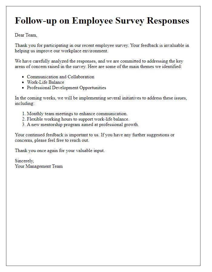 Letter template of follow-up on employee survey responses