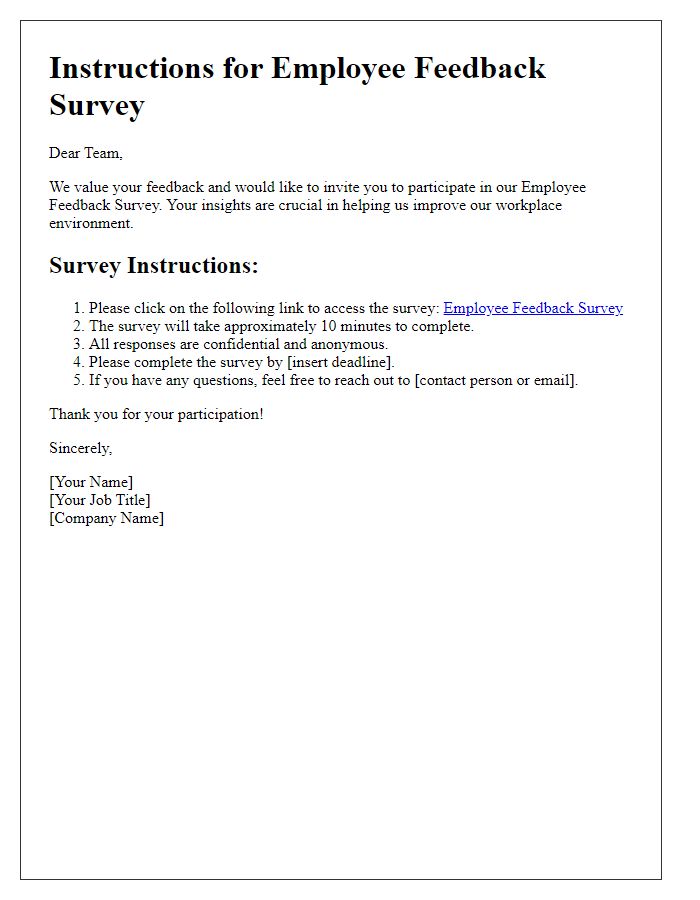 Letter template of instructions for the employee feedback survey