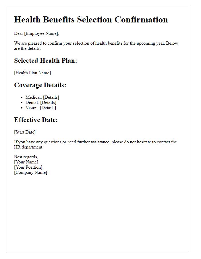 Letter template of employee health benefits selection