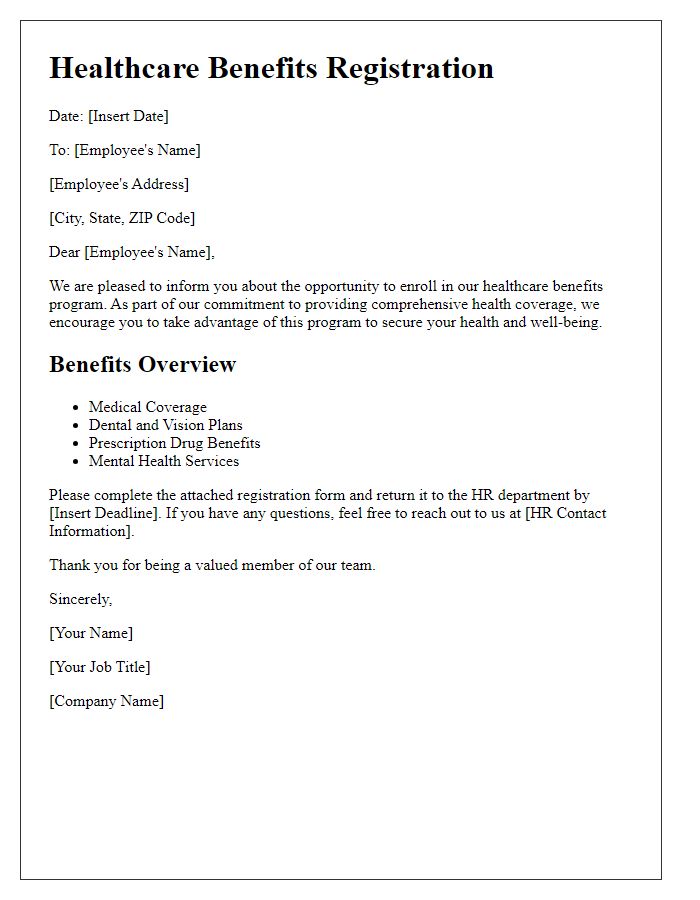 Letter template of healthcare benefits registration