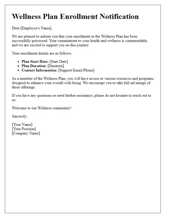 Letter template of wellness plan enrollment notification