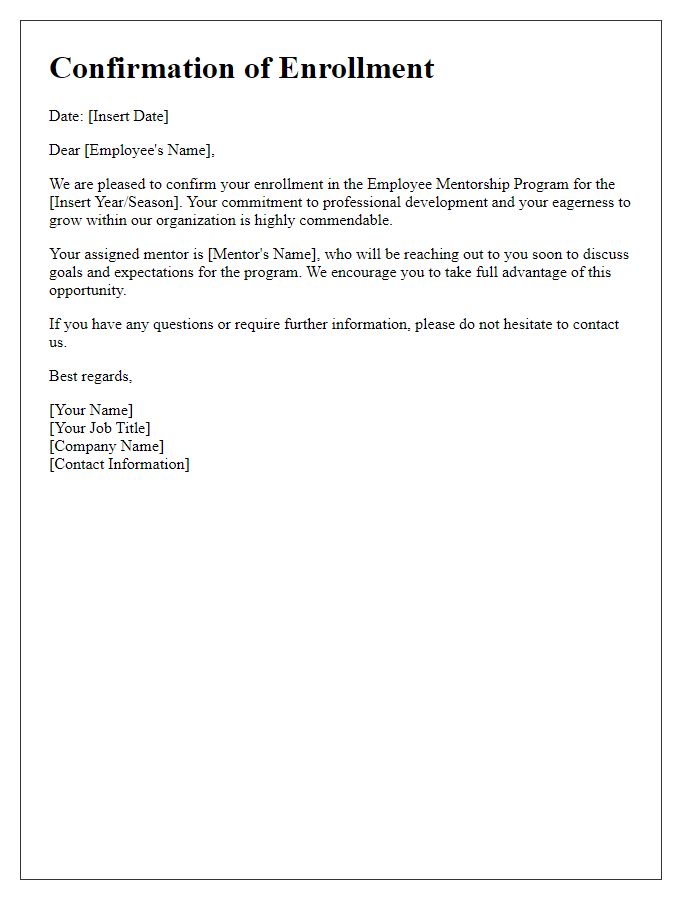 Letter template of confirmation for employee mentorship program enrollment