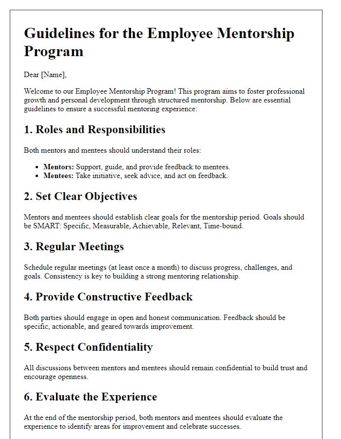 Letter template of guidelines for effective employee mentorship program