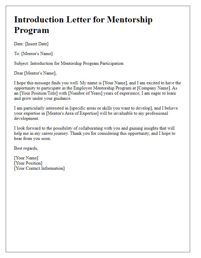 Letter template of introduction for employee mentorship program participation