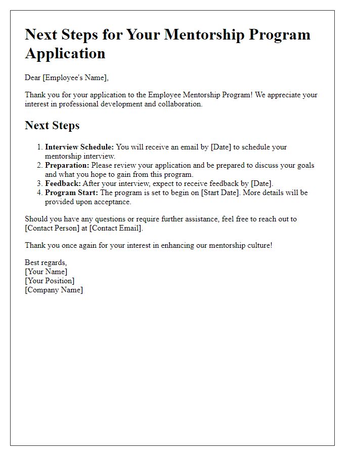 Letter template of next steps for employee mentorship program applicants