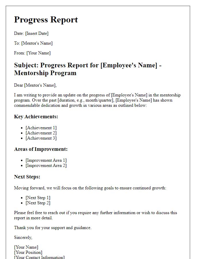 Letter template of progress report for employee mentorship program participants