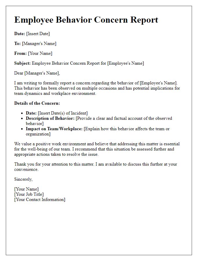 Letter template of employee behavior concern report