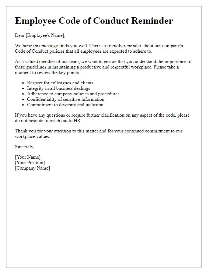 Letter template of employee code of conduct reminder