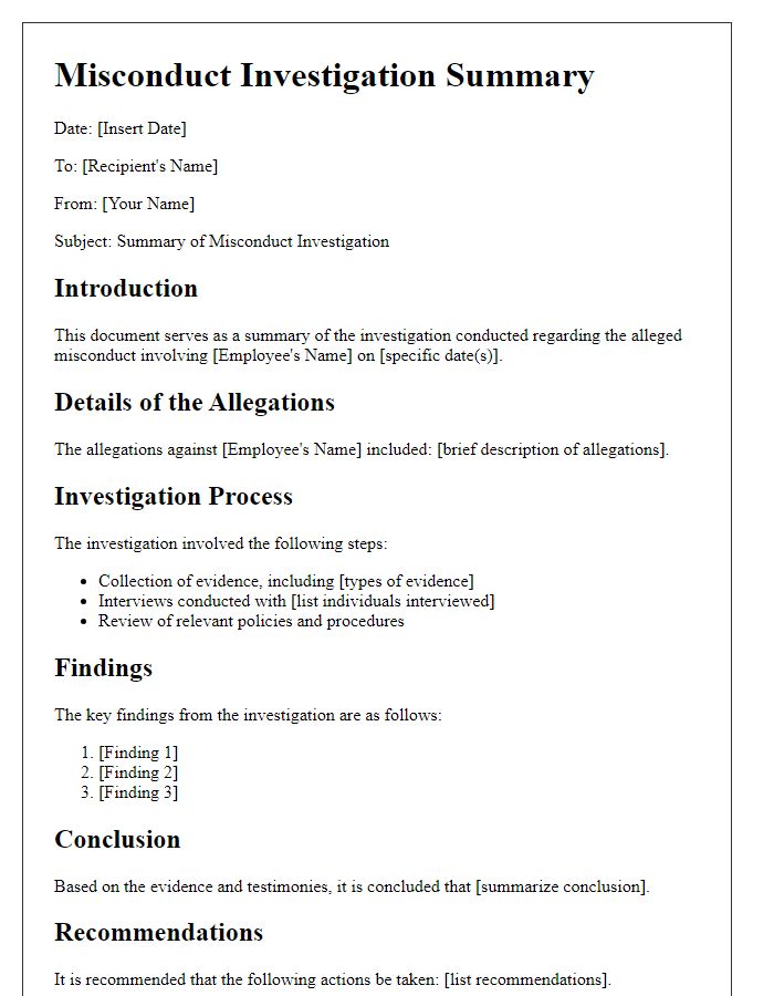 Letter template of misconduct investigation summary