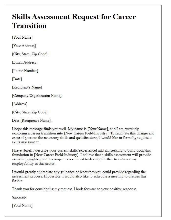 Letter template of skills assessment request for career transition.