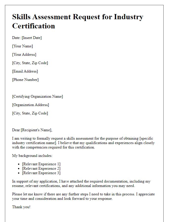 Letter template of skills assessment request for industry certification.